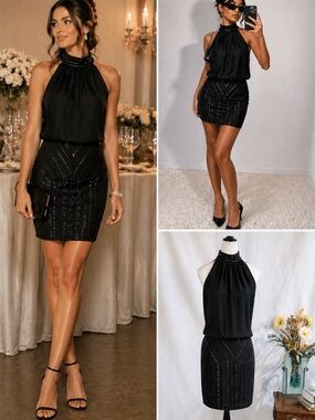 NWT Cache Black Halter Rhinestone Cocktail Dress LBD Evening Party Sz 0🧡